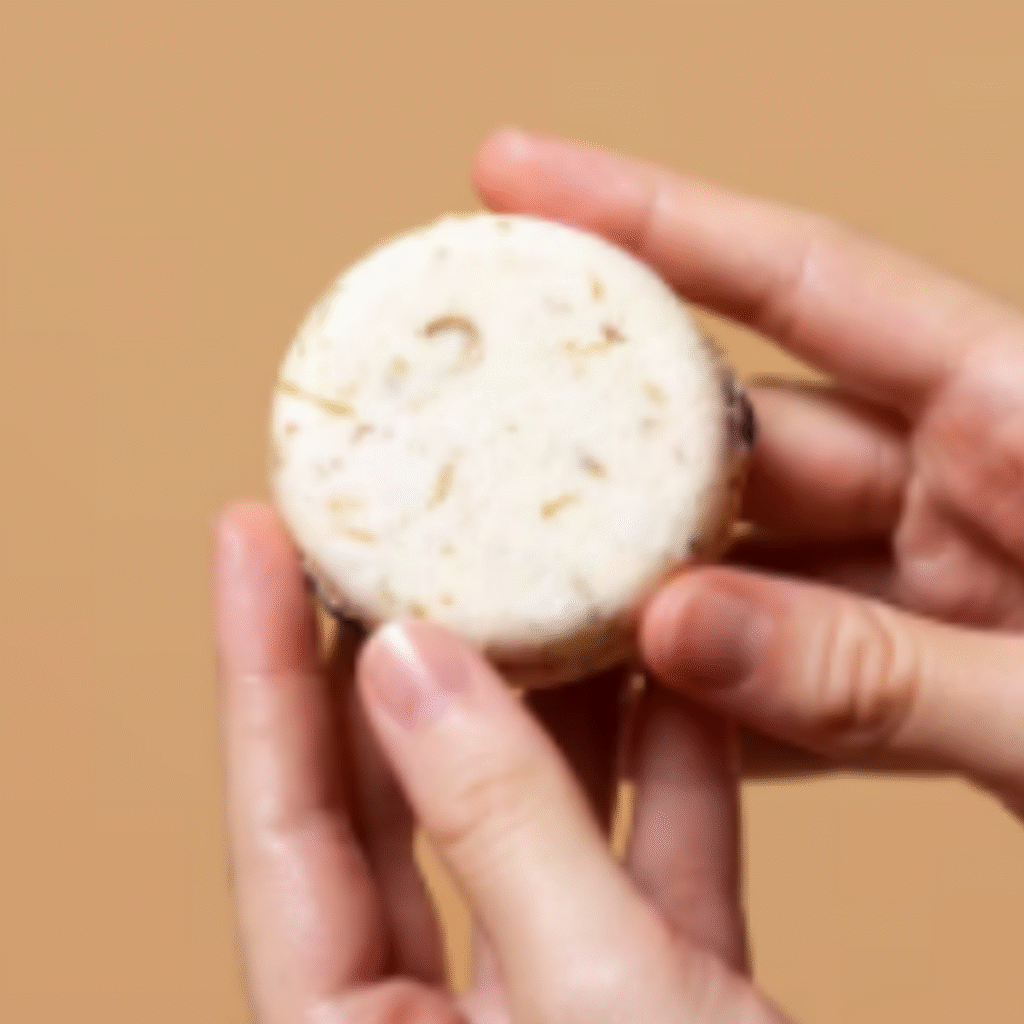 manos sujetando un champu solido de avena redondo