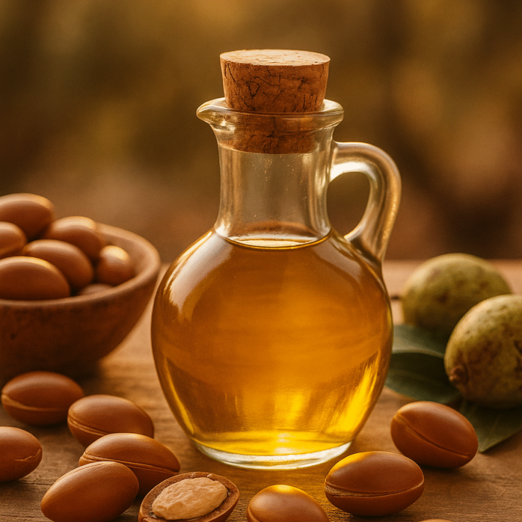 bote de cristal con aceite de argán rodeado de los frutos