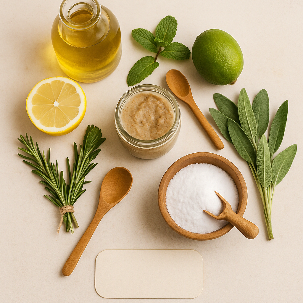 mis remedios naturales una mesa con limón bicarbonato cucharas y otros remedios naturales